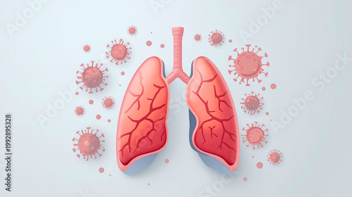 Anatomical illustration of lungs with virus particles floating around them