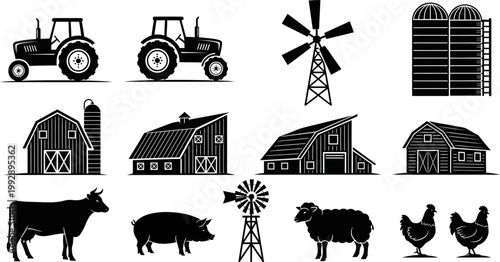 Collection of minimalist black farm icons including tractors, barns, windmills, silos, and livestock silhouettes on white background