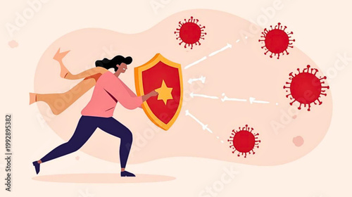 A woman in a pink shirt runs with a shield to defend against viruses and germs in a medical environment.