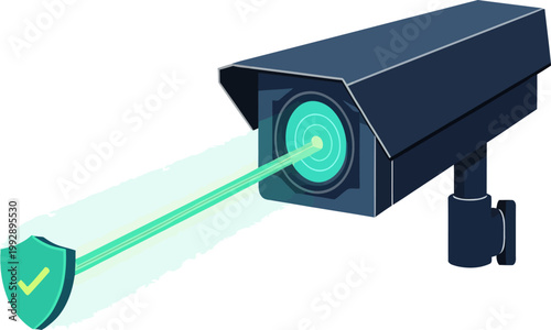 Modern Security Camera Icon Scanning a Shield with a Check Mark, symbolizing protection and safety in a digital world