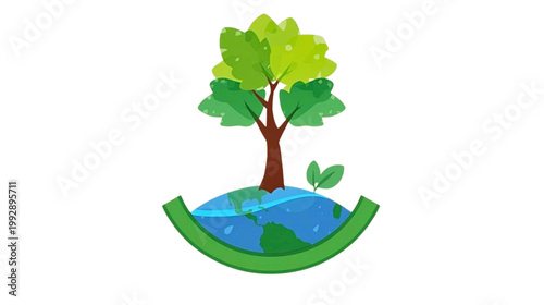 A tree grows on a curved green earth with a globe and leaves, symbolizing nature and environment.