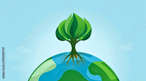 A sprouting tree grows on top of the Earth under a clear blue sky with clouds.