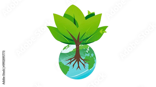 A stylized illustration of a tree growing out of the Earth, symbolizing growth and harmony with nature, depicted in a vibrant and colorful style, referencing 149.svg.