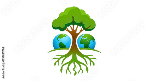A tree grows with roots and leaves embracing two earth globes in a natural landscape setting.