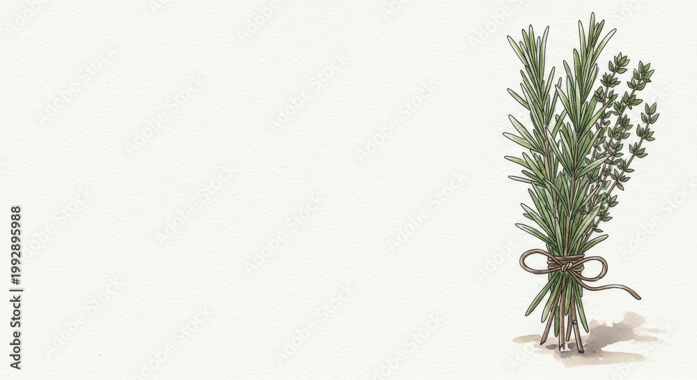 Obraz premium Bunch of fresh rosemary and thyme herbs tied with twine illustrated on a clean white background perfect for cooking and recipe designs