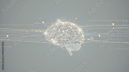 A futuristic illustration of a brain connected by glowing lines and dots on a gray background, representing technology and science.