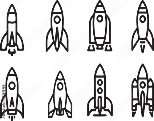 Rocket ship icons displayed in a grid format showcase various designs and aerodynamic configurations used for space exploration and launch vehicle conceptualization in graphic projects.