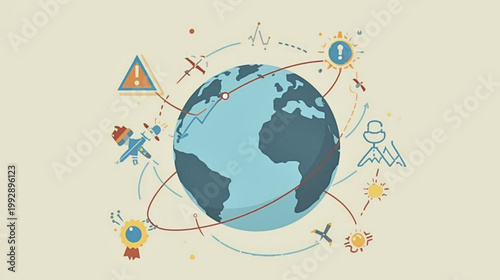 The Earth is surrounded by various icons representing travel and tourism