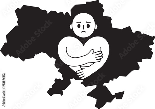 Person hugging a heart shape over a map of Ukraine symbolizing solidarity and emotional support during humanitarian crises or challenging geopolitical situations in the region.