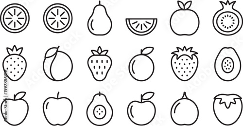 Fruit icons depicting a variety of healthy produce including sliced citrus, strawberries, pears, and apples organized in a grid layout for nutritional or dietary design applications.