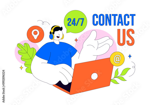 Contact Us Illustration Customer Support Featuring Twenty Four Seven Hours Service Hotline Email Communication And Online Help Desk Assistance Design