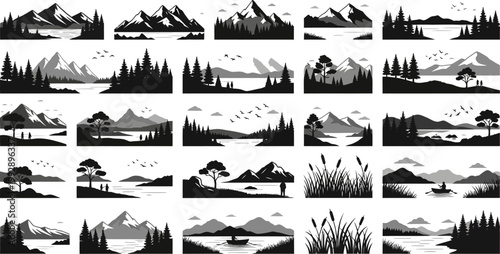 Large collection of minimalist black and white mountain landscape vector silhouettes for outdoor adventure design projects