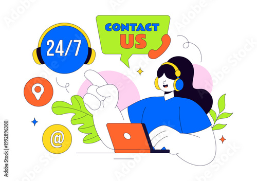 Contact Us Illustration Customer Support Featuring Twenty Four Seven Hours Service Hotline Email Communication And Online Help Desk Assistance Design