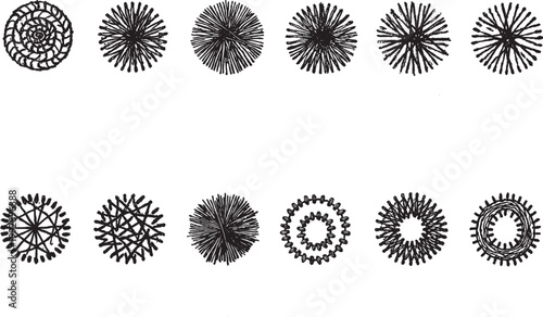 Radial patterns featuring intricate hand-drawn circular motifs serve as artistic design elements for sophisticated textile and digital graphic applications.