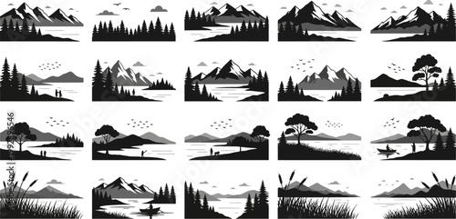 Collection of twenty minimalist black and white vector landscape silhouettes featuring mountains forests lakes and outdoor activities