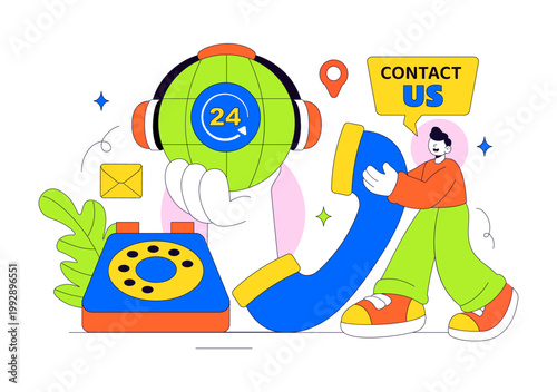 Contact Us Illustration Customer Support Featuring Twenty Four Seven Hours Service Hotline Email Communication And Online Help Desk Assistance Design