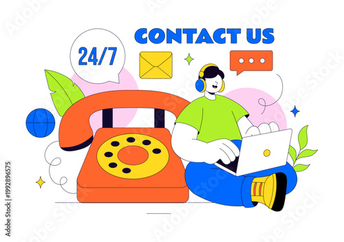 Contact Us Illustration Customer Support Featuring Twenty Four Seven Hours Service Hotline Email Communication And Online Help Desk Assistance Design
