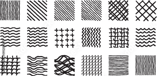 Textures comprising hand-sketched lines, grids, wavy patterns, and cross-hatching are organized in a structured array on a plain background.