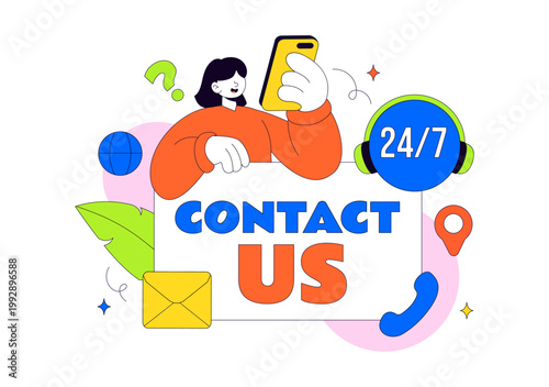 Contact Us Illustration Customer Support Featuring Twenty Four Seven Hours Service Hotline Email Communication And Online Help Desk Assistance Design