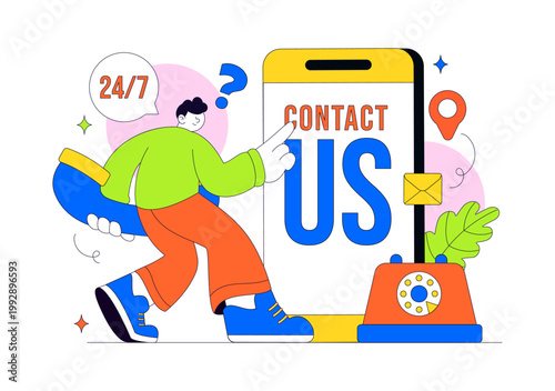 Contact Us Illustration Customer Support Featuring Twenty Four Seven Hours Service Hotline Email Communication And Online Help Desk Assistance Design