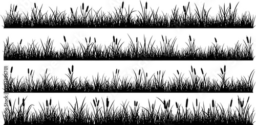 Black silhouette of marsh grass and cattails borders set on white background for nature landscape design