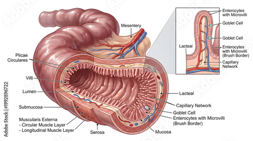 Cross‑sectional anatomy of the human small intestine depicting lumen with plicae circulares and villi, mucosa, submucosa, muscularis externa, serosa and detailed villus inset showing enterocytes, gobl