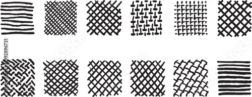 Hatching patterns consisting of various hand-drawn line styles and cross-hatching textures are arranged in a grid format to provide a comprehensive collection of graphic design elements for artists.