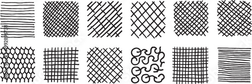 Hatching textures illustrate a diverse set of hand-drawn geometric patterns including cross hatching, diagonal lines, and organic scribbles on a solid white surface.