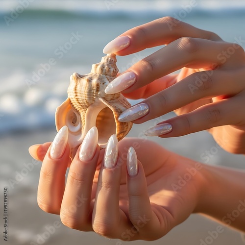 Woman Holding Seashell with White Manicured Nails on Beach