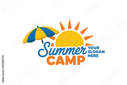 Summer camp logo with sun umbrella and text summer camp.