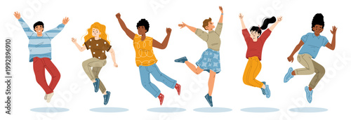 Happy people jump, joy, have fun A hand drawn vector illustration featuring hands with colorful paint splashes and a silhouette group of children and friends dancing for fun and happiness