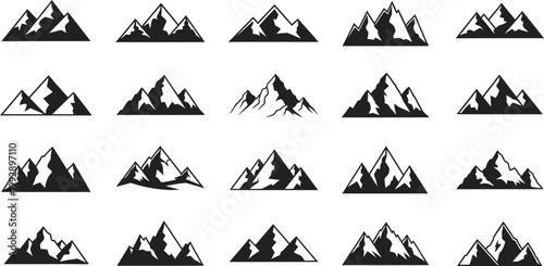 Set of twenty diverse black and white mountain peak vector silhouettes for outdoor adventure and logo design