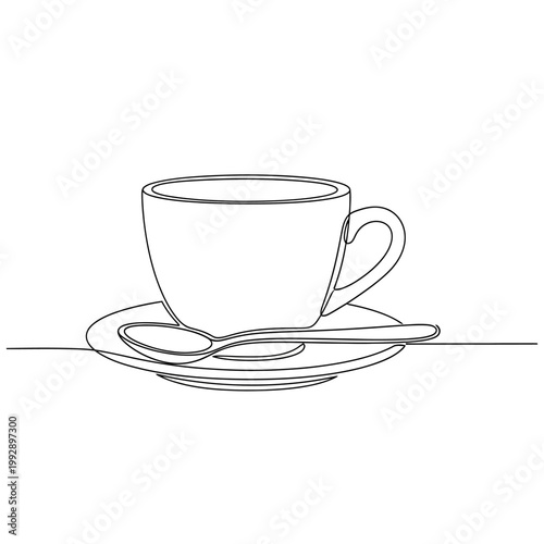 Minimalist single line drawing of a coffee cup with spoon on saucer, clean white background