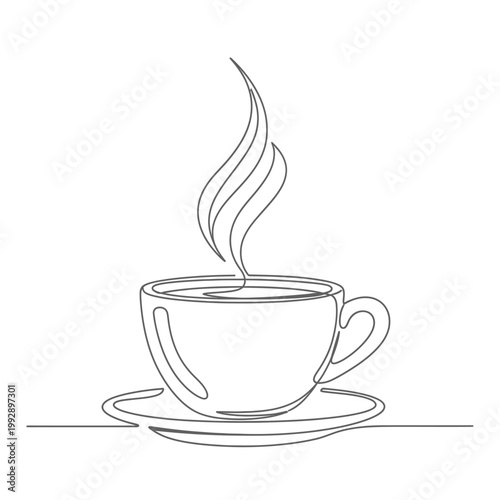 Minimalist single line drawing of a steaming coffee cup on a saucer, isolated on white.