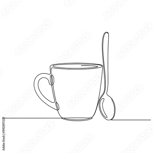 Minimalist continuous line drawing of a coffee cup and spoon on a white background.