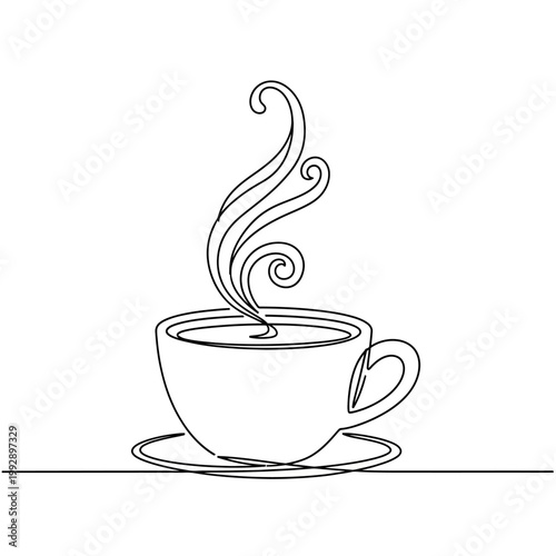 Minimalist single line drawing of a steaming coffee cup on a saucer, isolated on white.