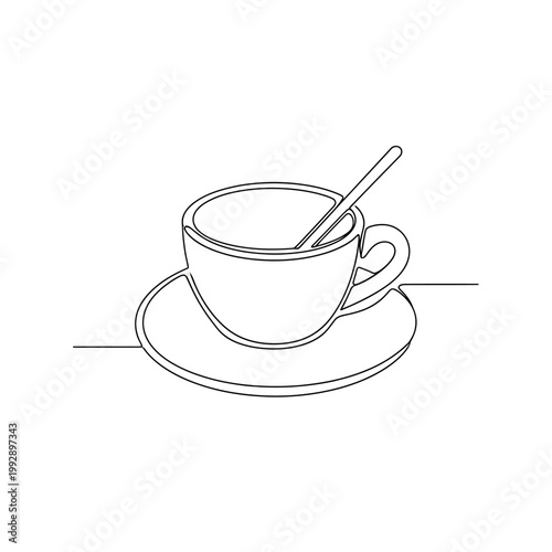 Minimalist single line drawing of a coffee cup with spoon on saucer, simple elegant outline art.