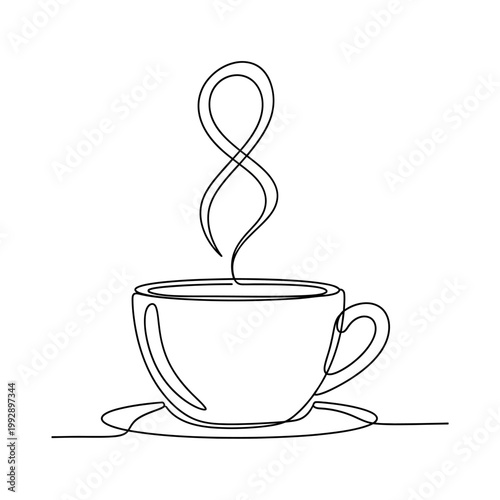 Minimalist single line drawing of a steaming coffee cup on a saucer, elegant and modern.