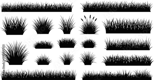 Large collection of black grass silhouettes including tufts borders and meadow elements isolated on white background vector