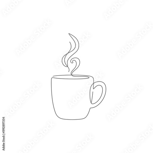 Minimalist Continuous Line Drawing of a Steaming Coffee Cup on White Background