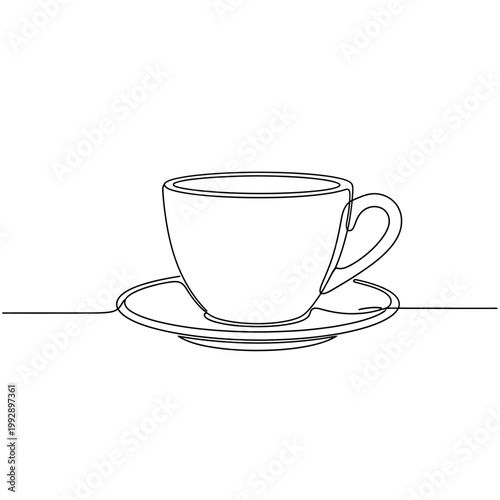 Minimalist continuous line drawing of a coffee cup and saucer on a white background.