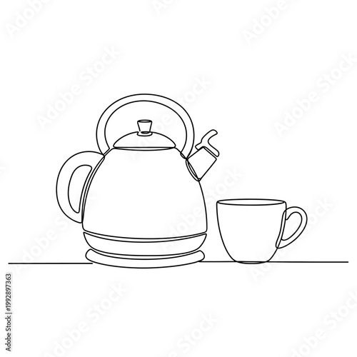 Minimalist continuous line drawing of a kettle and cup, simple kitchenware illustration.