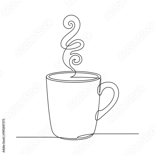 Minimalist continuous line drawing of a steaming coffee cup, simple elegant design