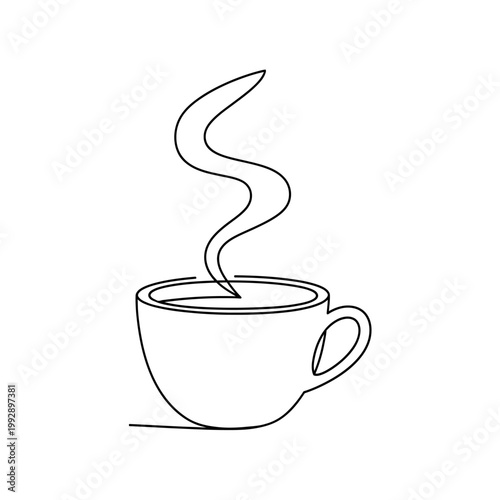 Minimalist continuous line drawing of a steaming coffee cup, simple and elegant.