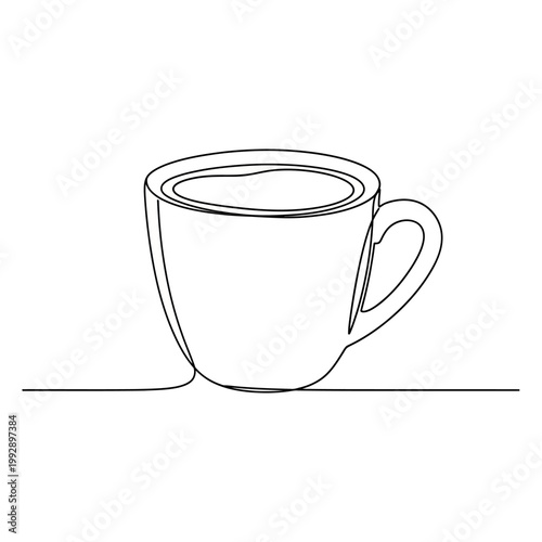 Continuous line drawing of a coffee cup with hot beverage, minimalist art, clean design