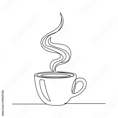 Minimalist coffee cup with steam, continuous line drawing, black and white