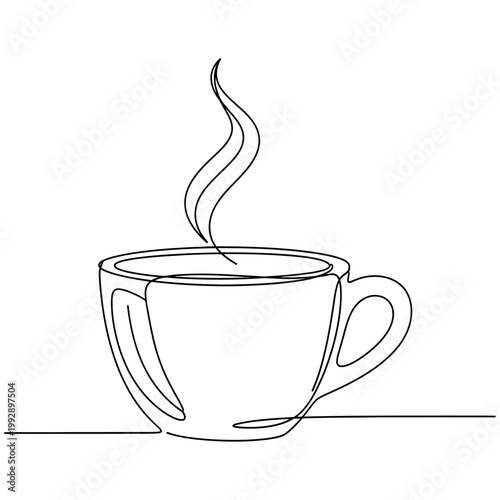 Continuous line drawing of a steaming hot coffee cup, simple minimalist design, elegant and clean.