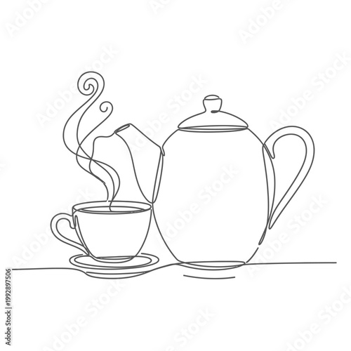 Continuous line drawing of a steaming teapot and cup, minimalist, elegant, simple, black and white.
