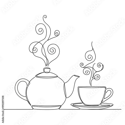 Continuous line drawing of a steaming teapot and cup, minimalist black and white illustration.