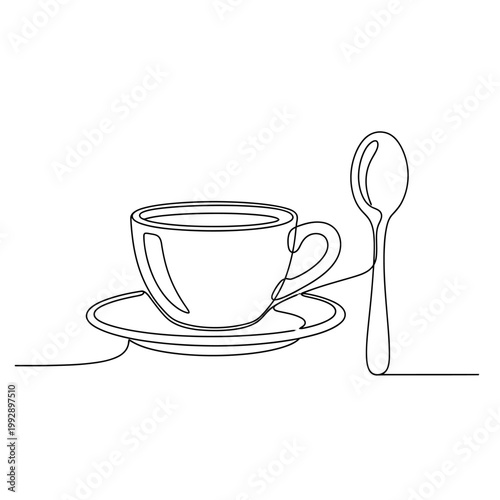 Minimalist Line Art Coffee Cup and Spoon on Saucer, Simple Elegant Drinkware